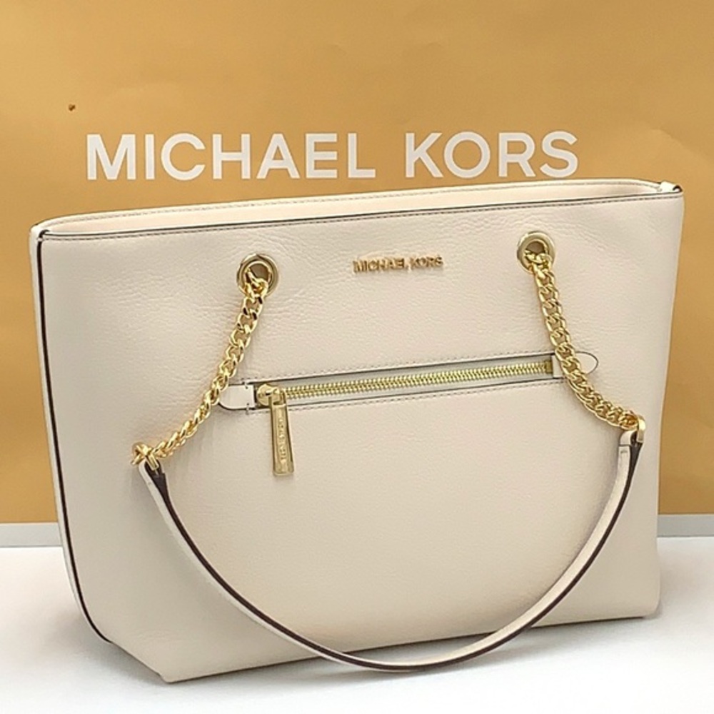 Michael Kors Jet Set Item Medium Front Pocket Shoulder Chain Tote LIGHT CREAM